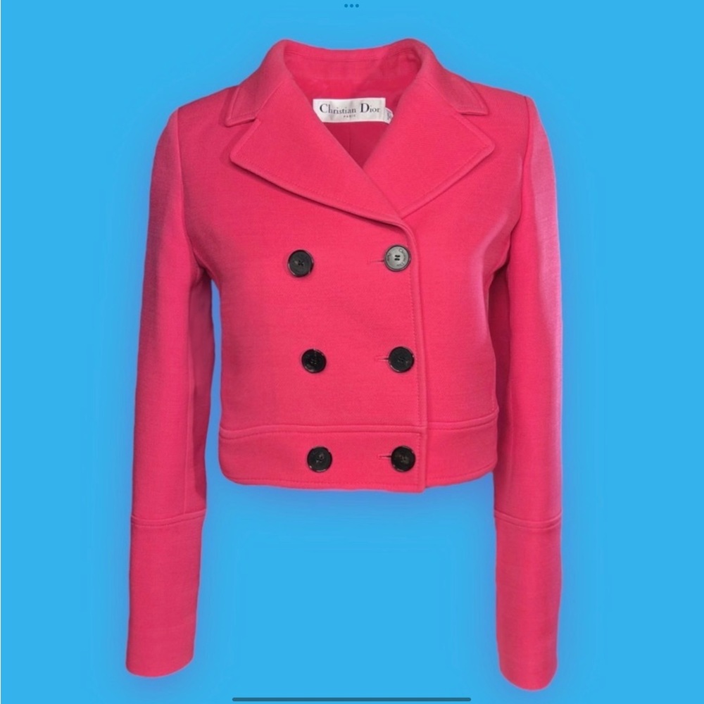 Christian Dior Fuchsia Pink Cropped Pea Jacket Black Buttons AUTHENTIC - Size 36